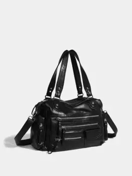 Черная вместительная сумка-тоут в стиле панк, текстурированная кожаная дамская сумочка на молнии, мессенджер на плечо, крутая женская сумка