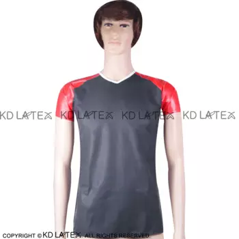 Черно-белая и красная полосатая пикантная латексная рубашка с короткими рукавами, резиновая одежда, футболка