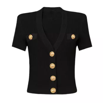 Черно-белая высококачественная модная эластичная трикотажная футболка SML с пуговицами и коротким рукавом облегающая женская футболка