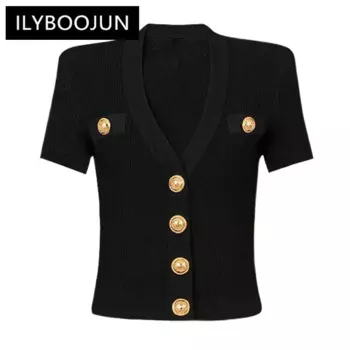 Черно-белая высококачественная модная эластичная трикотажная футболка SML с пуговицами и коротким рукавом облегающая женская футболка