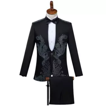Черно-белые деловые мужские костюмы с блестящими камнями, пиджаки, костюм певицы, хора, свадебной вечеринки, выпускного вечера, студийного шоу, сценический костюм