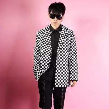 Черно-белый клетчатый широкий плечо свободный облегающий костюм в гонконгском стиле ретро куртка для студийной фотосъемки мужской костюм платье