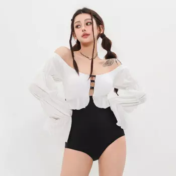 Черно-белый купальник с открытыми плечами, женский сексуальный слитный купальник с длинным рукавом, купальный костюм, корейское летнее пляжное Монокини 2024