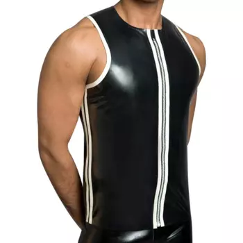 Черно-белый сексуальный латексный жилет рубашки на молнии спереди полосы спереди с двух сторон без рукавов резиновый верх