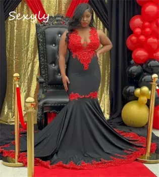 Черно-красное платье для выпускного вечера по индивидуальному заказу для черных девушек с круглым вырезом плюс размер кружевное вечернее платье русалки вечернее платье
