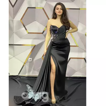 Черное атласное платье-Русалка для выпускного вечера, сексуальное платье с высоким разрезом, женское платье с короткими пышными рукавами