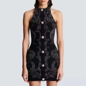 Черное мини-платье с лямкой на шее, открытой спиной, новинка 2024, женские элегантные облегающие платья без рукавов с золотыми пуговицами, женское платье