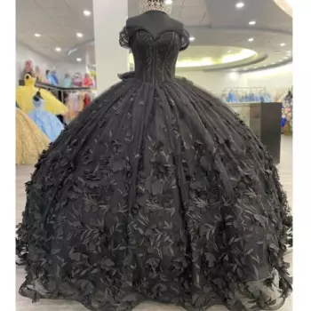 Черное Тюлевое платье Quinceanera с открытыми плечами 2023 милое бальное платье принцессы с 3D цветами и бусинами 16 ярких цветов на шнуровке
