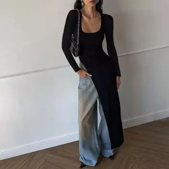 Черное вечернее платье с разрезом по бокам, 1 шт., длинное женское платье для выпускного, повседневное осеннее праздничное платье с длинными рукавами, Женская юбка