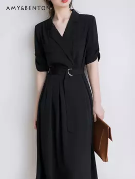 Черное высококачественное Деловое платье Хепберн для женщин, Летние Элегантные приталенные деловые платья с коротким рукавом, подходящие ко всему