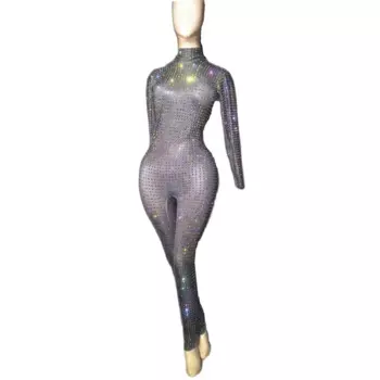 Черные блестящие хрустальные стразы с высоким воротом, сексуальные женские комбинезоны, одежда для ночного клуба, бара, вечерние костюмы для сцены, певицы
