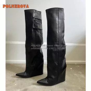 Черные брючные ботинки на танкетке в стиле пэчворк, женские сапоги до колена с острым носком, увеличивающий рост, с пряжкой на ремне, 2024, новые поступления