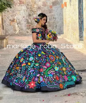 Черные красивые 15 платьев, мексиканское платье Quinceanera с открытыми плечами, vestido dulce 16, Тулум принцессы, роскошное праздничное платье treintaeньera
