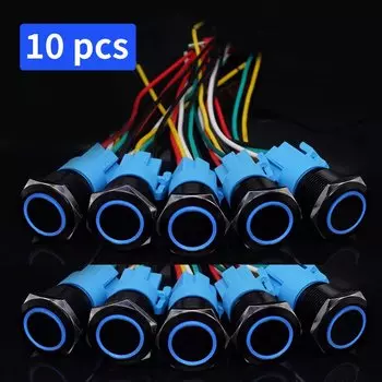 Черные металлические кнопочные переключатели PRONCH 10 шт., 16/19/22 мм, водонепроницаемые, с подсветкой, красный