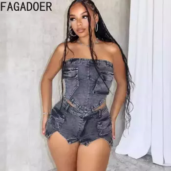 Черные модные джинсовые шорты FAGADOER, комплект из двух предметов, женские шорты без рукавов с открытыми плечами и открытой спиной, джинсовые наряды