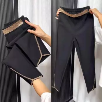 Черные яркие повседневные брюки со стразами, осень/зима, новинка, свободные Стрейчевые узкие брюки с высокой талией, женские брюки