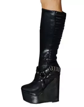 Черные сапоги до колена из матовой кожи с круглым носком на платформе; Цвет серебристый, металлический; Женские высокие сапоги на очень высокой танкетке