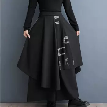 Черные широкие брюки #2977 с принтом, женские свободные брюки в стиле хип-хоп, женские джоггеры с разрезом, длинные брюки с высокой талией