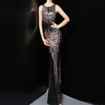 Черные вечерние платья с выцветающими блестками, длинное женское черное официальное платье без рукавов с круглым вырезом и кружевом