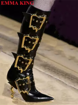 Черные женские ботинки до середины икры в стиле панк с пряжкой и ремешком, женские мотоциклетные ботинки на металлическом странном каблуке, женские ботильоны на высоком каблуке с острым носком