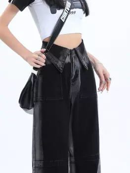 Черные женские джинсы в стиле хип-хоп, модная винтажная уличная одежда Y2K, широкие прямые джинсы, брюки с высокой талией, мешковатые джинсовые брюки-карго