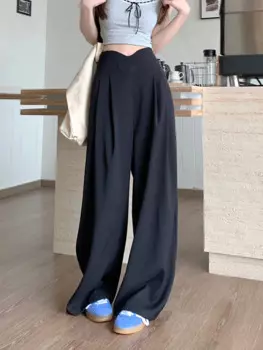 Черный дизайн, с высокой талией, облегающие и Узкие повседневные брюки для женщин, летние драпированные брюки, брюки с широкими штанинами, длинные брюки