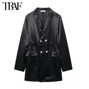 Черный Длинный блейзер TRAF для женщин, 2024 атласный офисный блейзер для женщин, женские блейзеры с длинным рукавом, прямые куртки, женские пальто