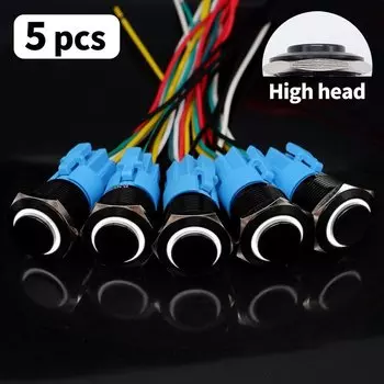 Черный кнопочный переключатель, светодиодная подсветка 16/19/22 мм, металлические плоские мгновенные переключатели с индикатором питания 5 В, 12 В, 24 В, красный, синий, 5 шт.