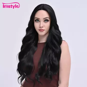 Черный парик Imstyle, длинный синтетический кружевной передний парик, средняя часть, волнистые кружевные парики для женщин, термостойкий Повседневный парик для косплея