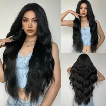 Черный синтетический парик для женщин с длинными вьющимися волосами, косплей, американский высокотемпературный парик из проволоки, натуральные безклеевые парики из волос.