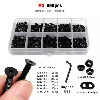 Черный Стальной Винт С Шестигранной Головкой M3*6, Винт С Плоской Головкой, Болт, Гайка, Набор Шайб