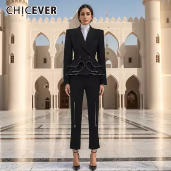 CHICEVER асимметричный блейзер женский комплект с зубчатым воротником и длинными рукавами с рюшами подол с высокой талией на молнии прямые брюки женские комплекты