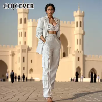 CHICEVER Блейзер из двух предметов для женщин с зубчатым воротником и длинными рукавами, брюки-карго с высокой талией, однотонный комплект на шнуровке, женский осенний комплект