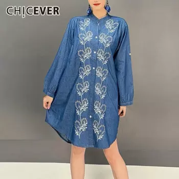 CHICEVER Блузка с принтом тенселя для женщин, однобортная джинсовая рубашка с воротником-стойкой и длинными рукавами синего цвета, женская весенняя рубашка