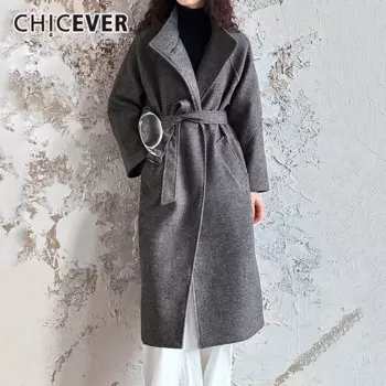 CHICEVER однотонная шикарная ветровка для женщин с лацканами и длинными рукавами на одной пуговице, винтажные шерстяные пальто средней длины, женская одежда