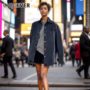 CHICEVER однотонные свободные джинсовые куртки с блестками для женщин, винтажная лоскутная куртка с длинными рукавами и лацканами, женская новая весенняя куртка с карманами