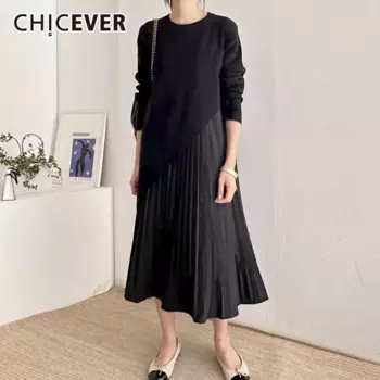 CHICEVER однотонные женские комплекты из двух предметов, свитер с круглым вырезом и длинными рукавами, плиссированное платье-бретелька макси, минималистичный костюм, женская одежда, новинка