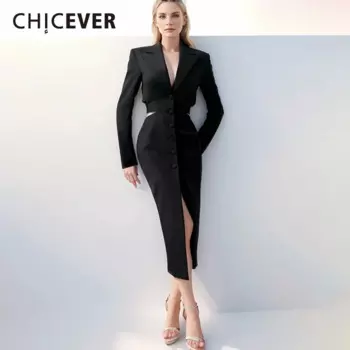 CHICEVER однотонный ажурный лоскутный пиджак с поясом для женщин, однобортный тонкий женский пиджак с зубчатым воротником и длинными рукавами