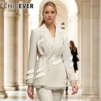 CHICEVER однотонный офисный блейзер с кисточками для женщин, туника с зубчатым воротником и длинными рукавами, лоскутные сетчатые блейзеры, женские осенние новые