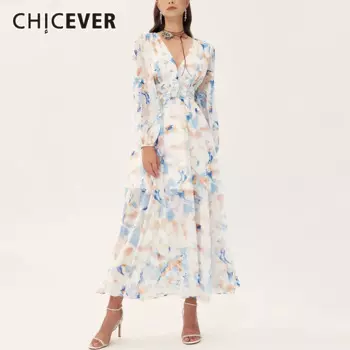 CHICEVER женское платье макси с цветочным принтом и v-образным вырезом, длинным рукавом, лоскутные аппликации, плиссированные платья с высокой талией, женская одежда, новинка