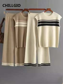 CHILLGIO женский вязаный комплект из двух предметов, модный повседневный топ без рукавов в полоску, прямые брюки, свободный брючный костюм, женская одежда