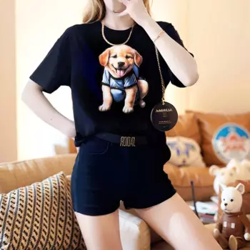 Chun yu yin jia Модельер Прекрасная собака Классический узор Собака 3D Печать Женская футболка с короткими рукавами Черная для женщин