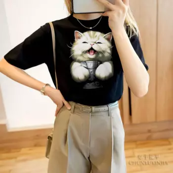 Chun yu yin jia Модная уличная дизайнерская классическая футболка с 3D принтом кота и короткими рукавами, черный топ для женщин, футболка