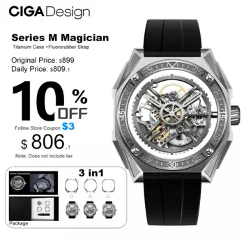 CIGA Design Magician Series 3 in 1 механические часы мужские, Механические часы на запястье , титановые автоматические часы скелетоны для мужчин, ремешок с флюорубером, 3 съемных фоточасов
