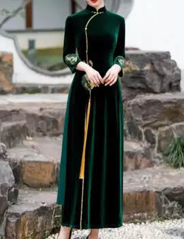 Ципао в улучшенном стиле Aodai, женское китайское платье, весеннее винтажное велюровое платье с длинным рукавом и вышивкой