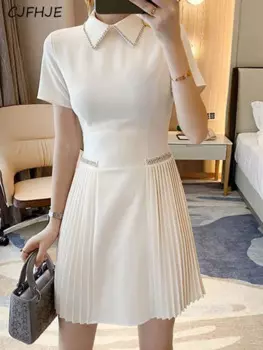 CJFHJE Летнее винтажное шифоновое платье, элегантные плиссированные платья с отворотом со стразами, женское мини-платье с коротким рукавом, женское платье, новинка