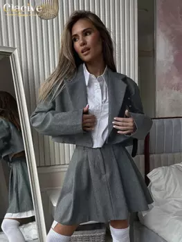 Clacive модный свободный серый офисный Женский комплект из 3 предметов элегантный пиджак с длинным рукавом + рубашка с высокой талией плиссированная мини-юбка