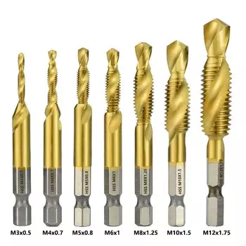 CMCP 7 шт. M3-M12 сверла для метчиков с шестигранным хвостовиком 1/4 из быстрорежущей стали с спиральный резьбовой кран Оловянным покрытием, метрические комбинированные сверла