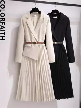 Colorfaith Новый 2022 в винтажном стиле; С высокой талией в Корейском стиле; Модное Плиссированное нерегулярные платье с поясом Офисная Женская обувь на весну и зиму Длинные платья DR9155