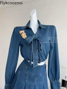 Conjunto Femenino Roupa Elegante, французская нежная ветровая милая джинсовая рубашка, лето 2023, топ с бантом, плиссированная юбка, комплект из двух предметов